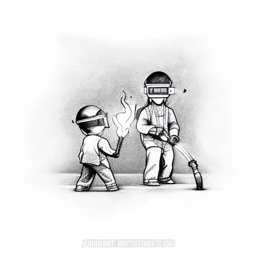 A Realistic Sketch Of A Father And Child Holding A Welding Torch Together