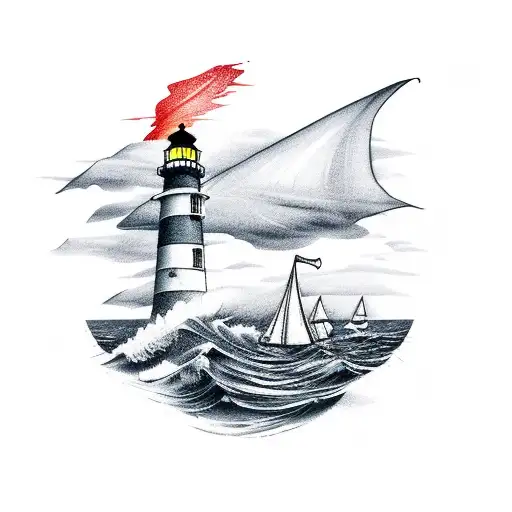 Lighthouse Stormy Condition With Old Sail Boat