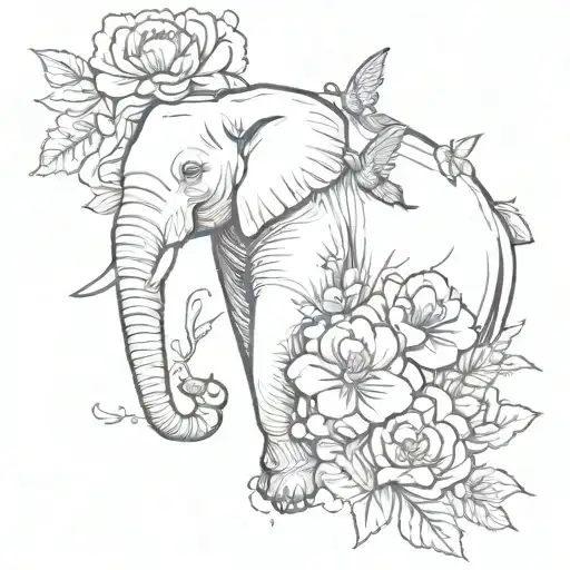 Elephant With Pink Carnations And Hummingbirds