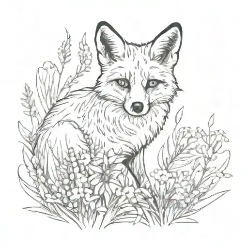 A Sketch Style Tattoo Of A Playful Fox Playing In A Field Of Wildflowers