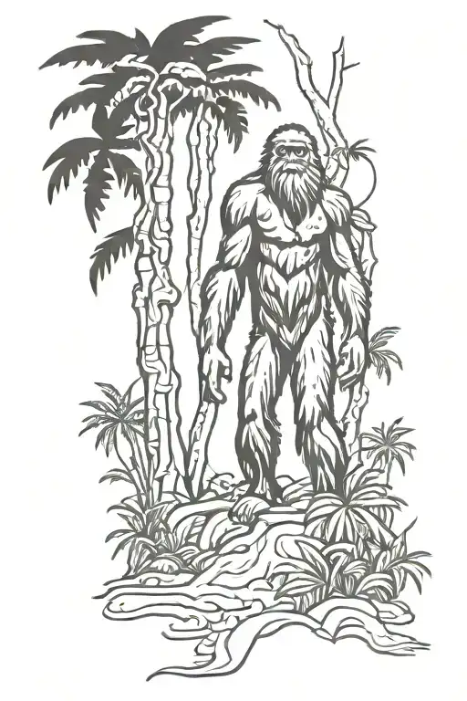 Sasquatch And Alien In Tropical Forest