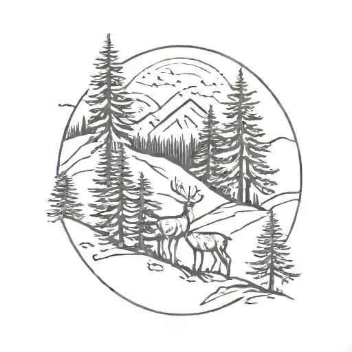 Mountains With Trees And Deer Standing