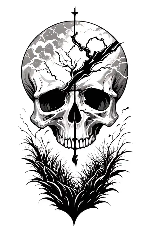 Peace And Lightining Storm And Time And Nature With Skull