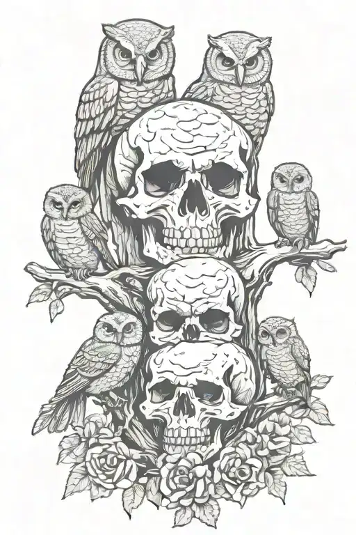 Skull And Owls Perched Regally