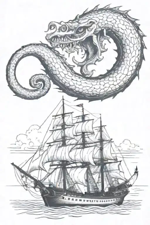 English Warship Ancient Mariner Crescent Moon Sea Monster Tentacles
