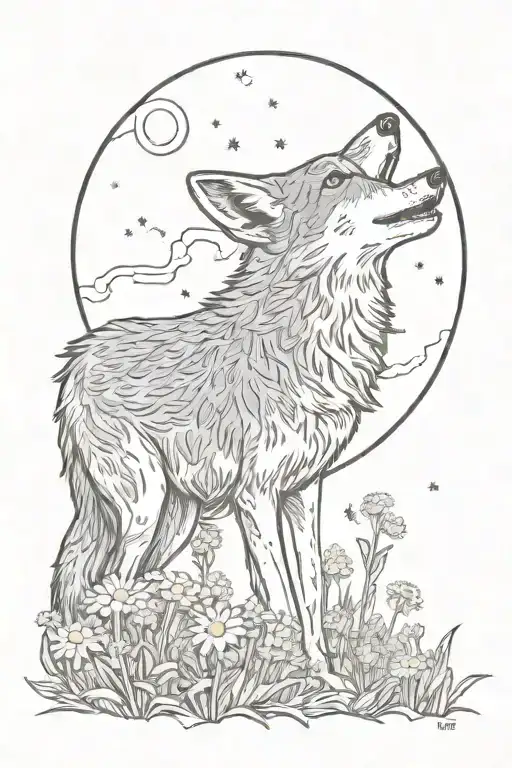 A Coyote Howling At A Full Moon Made Of Eidelweiss Flowers