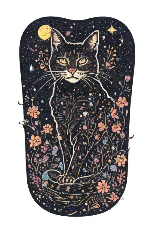 A Realistic Depiction Of A Cat Composed Of Blooming Wildflowers Under A Starry Night Sky
