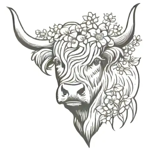 Create A Tattoo Of A Scottish Highland Cow With A Crown Of Flowers On Its Head