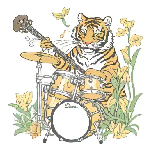 A Tiger Playing The Drums Surrounded By Lilies Blooming