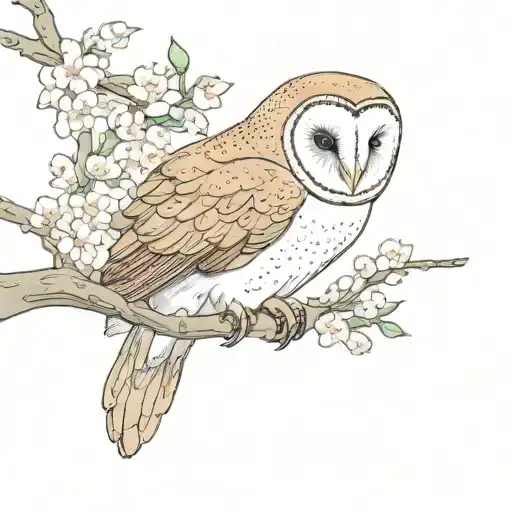 Barn Owl With Cherry Blossoms Tree Branch