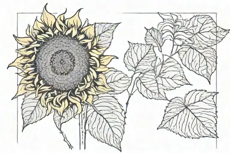 Half Sunflower With Botanical Leaves And A Line Below