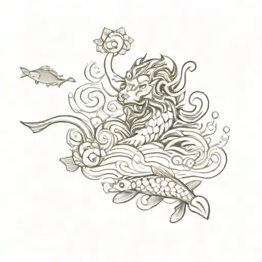 Lion Dragon Pheonex And Koi Fish Swimming Upstream