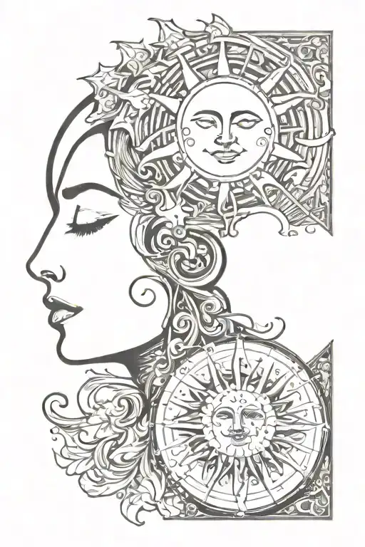 Woman's Face And Sun And Moon
