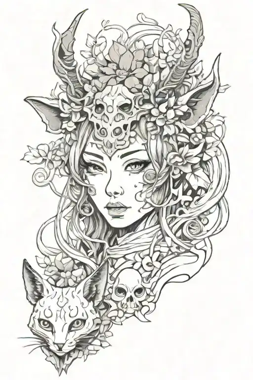 Hannya Mask Girl Mushrooms Forest Witch Cat Demon Horns Fawn