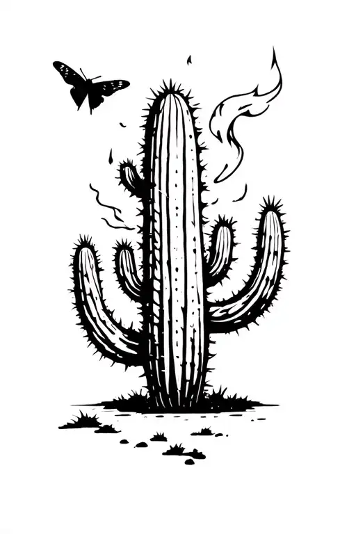 Cactus On Fire With Moth Emerging