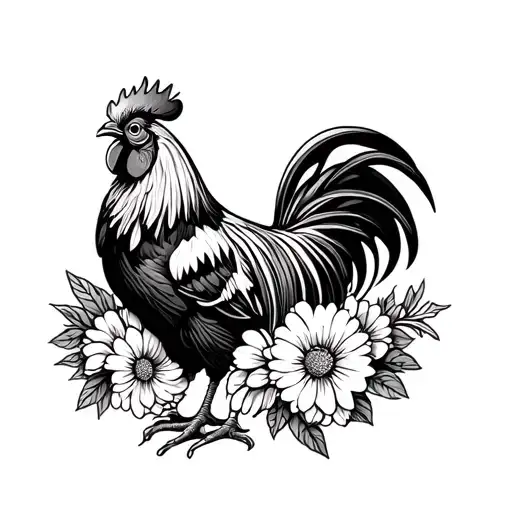 Rooster With Chrysanthemum Flower