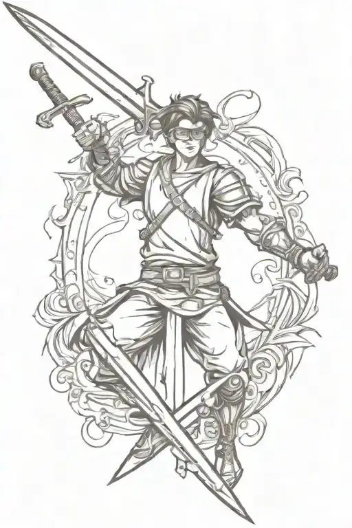 A Sketch Of A Tattoo In The Style Of A Geek With A Sword