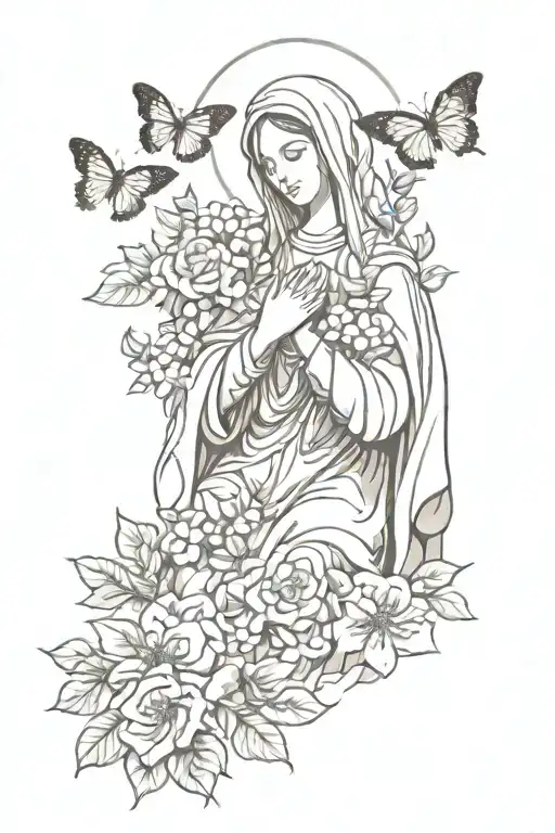 Virgin Mary Holding Roses And Surrounded By Flowers And Butterflies