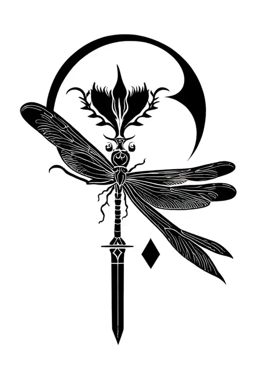 Dragonfly With Moon Phasees Under Her And Little Dragon And Knife And Diamond