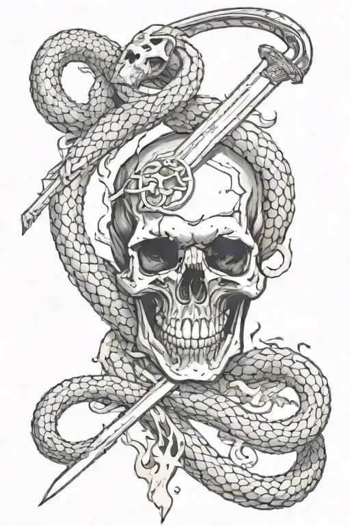 Snake Wrapped Around A Sword Surrounded By Flames Stabbed Into A Skull
