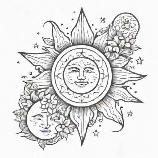 Sun And Moon And Stars With Flower Blooming