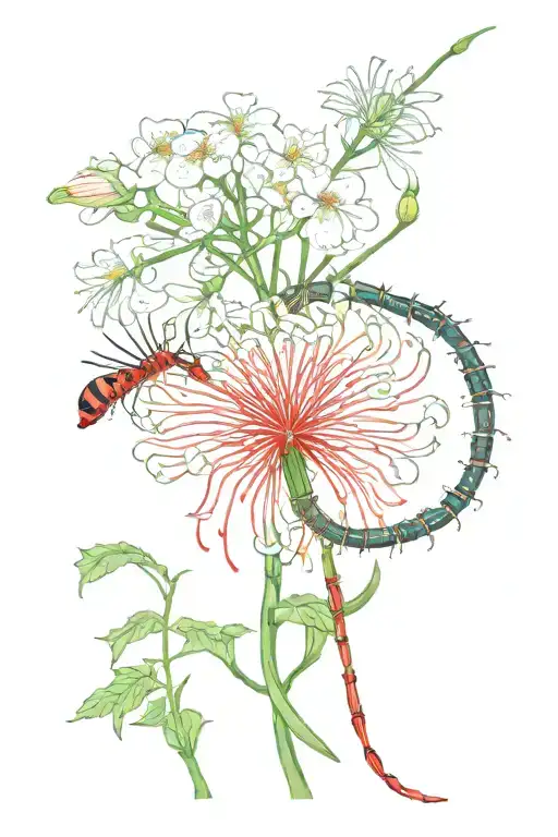 Centipede And Red Spider Lily Flower Blooming Cherry Blossom