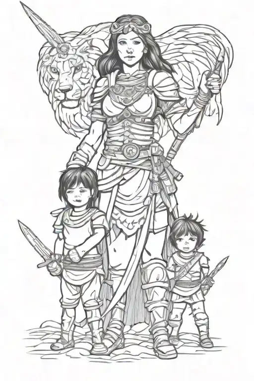Warrior Mother Protects Her Two Male Children Front Shot And Background Elements