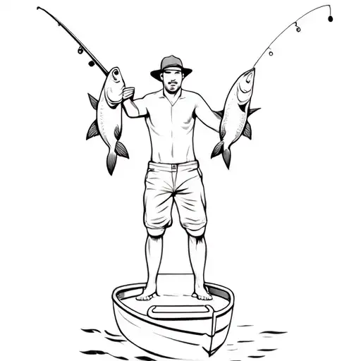 A Man Holding Up Two Fish On A Boat With Fishing Rod Behind Him