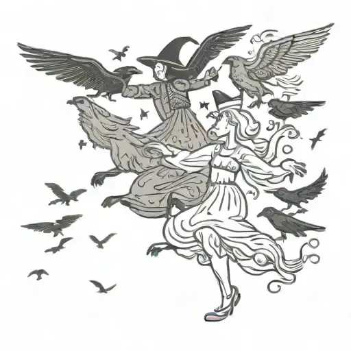 Cat And Ravens And Witches Dancing