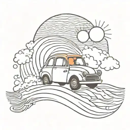 Love Heart A Wave And Sun And A Small Car Driving