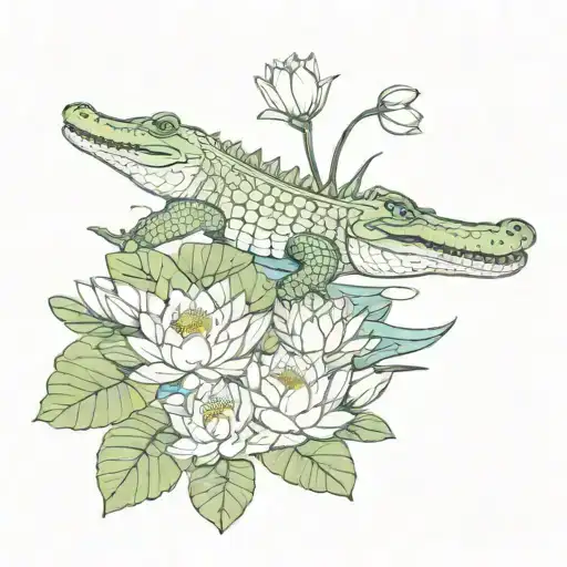 Crocodile And Water Lily Flowers Intertwined With Native Flowers