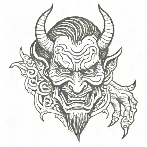 Fine Line Full Hand Tatto Asian Devil Face