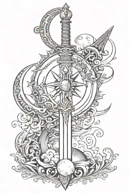 Sword Surrounded By Rising Sun And Crescent Moon And Seven Starts