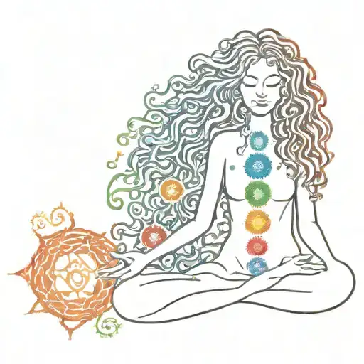 Woman Meditation Long Curly Hair With 7 Chakra Symbols Coloured