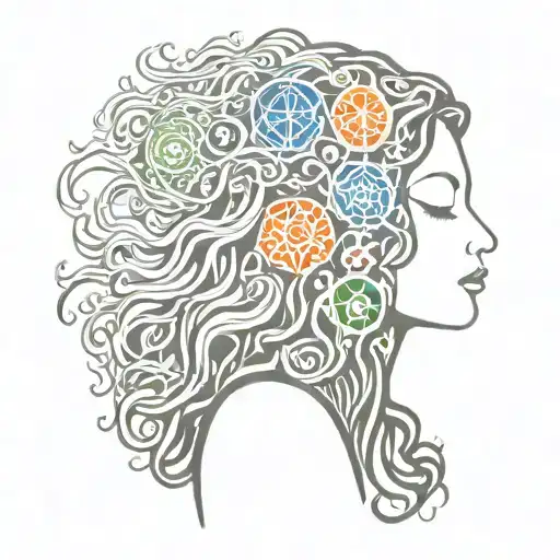 Woman Meditation With 7 Chakra Symbols Long Curly Hair Coloured