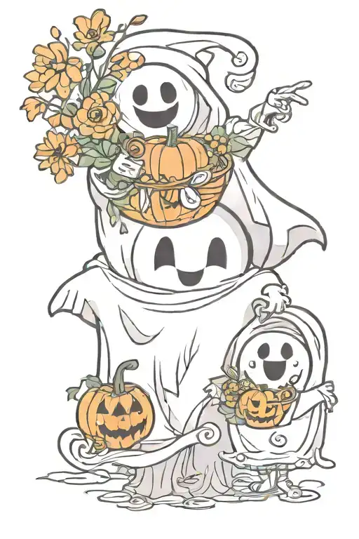 Cresent Moon A Ghost Holding A Trick Or Treat Bag A Ghost Smiling And A Ghost Holding Flowers