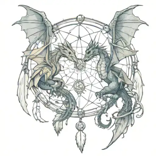 Dragon And Griffin On Opposite Sides Of Dream Catcher