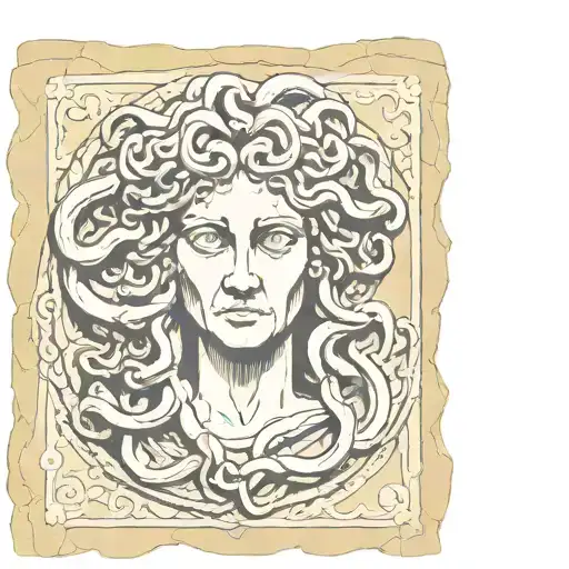 Medusa Gorgon In Sketch Style On A Piece Of Ancient Stone Slab
