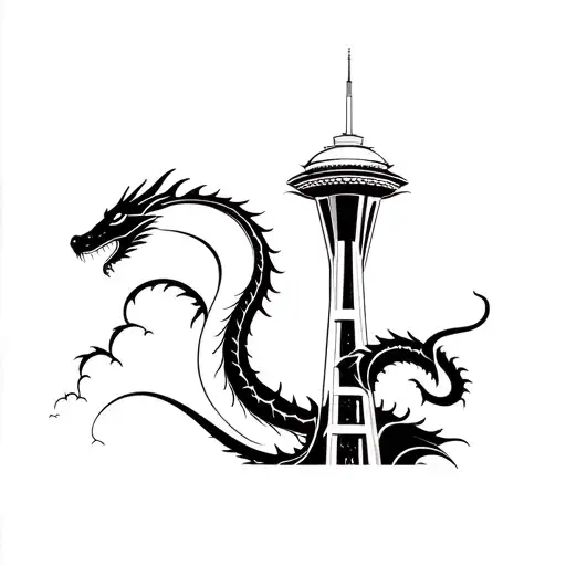 A Dragon Curling Up The Side Of The Space Needle In Seattle In A Storm