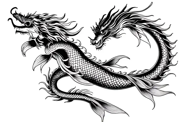 Chinese Dragon With Koi Fish Swimming
