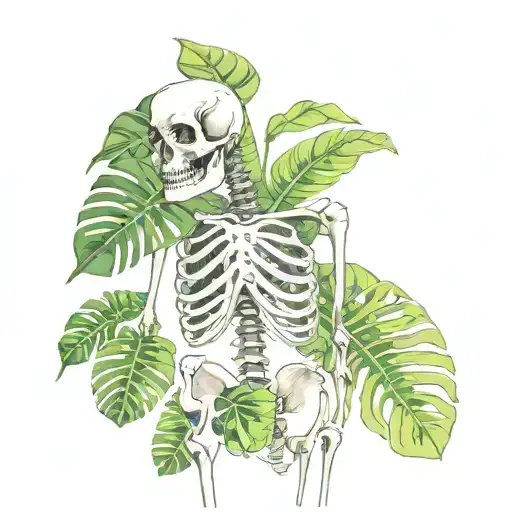 Skeleton And Monstera Leaves Growing