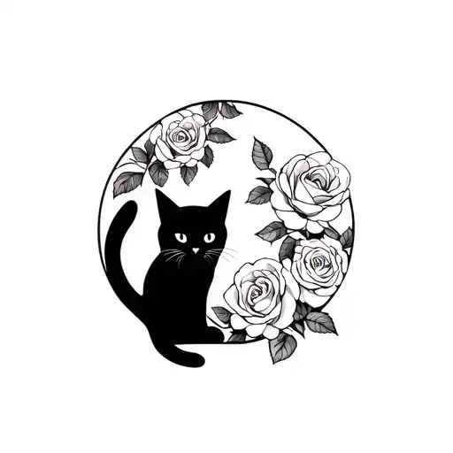 Black Cat In Front Of A Full Moon With Roses Blooming