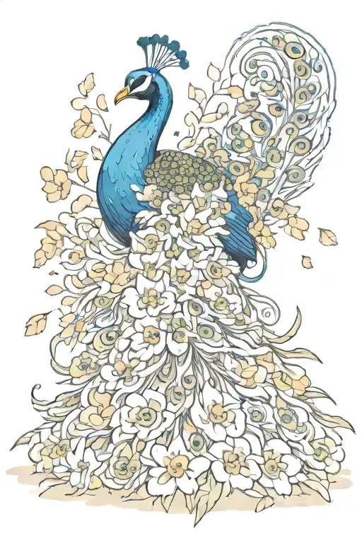 Peacock Being Reborn From A Fire With Lots Of Flower Petals Around