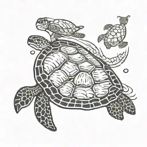 Big Sea Turtle And Small Sea Turtle Swimming With A Circle Drawn Around