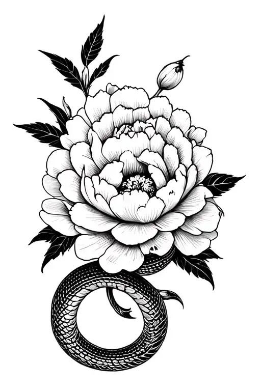 Peony Flowers And Big Snake Wrapped