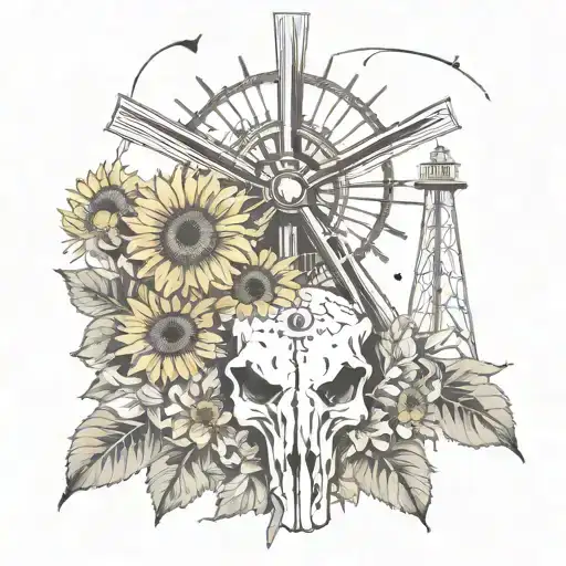 Sunflower Windmill Desert Flowers Bull Skull