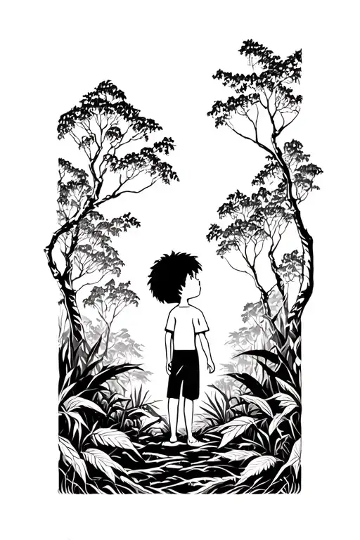A Boy Lost In Jungle Forest With Trees