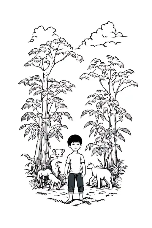 A Boy Lost In Jungle Forest With Trees And Wild Animals