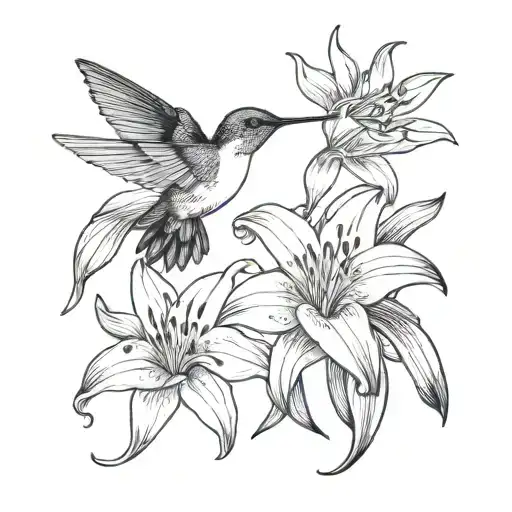 Hummingbird Hovering And Feeding On Lillies