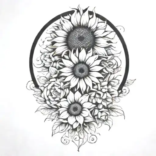 Large Sunflower Surrounded By A Rose And Chrysanthemum Flowers